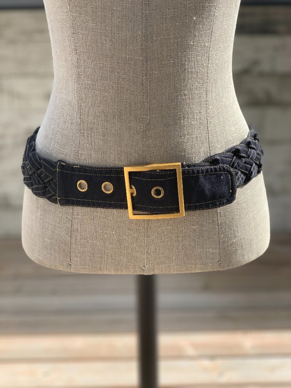 Vintage Y2K Braided Denim Jean Wide Statement Waist Belt Gold Buckle Retro Boho